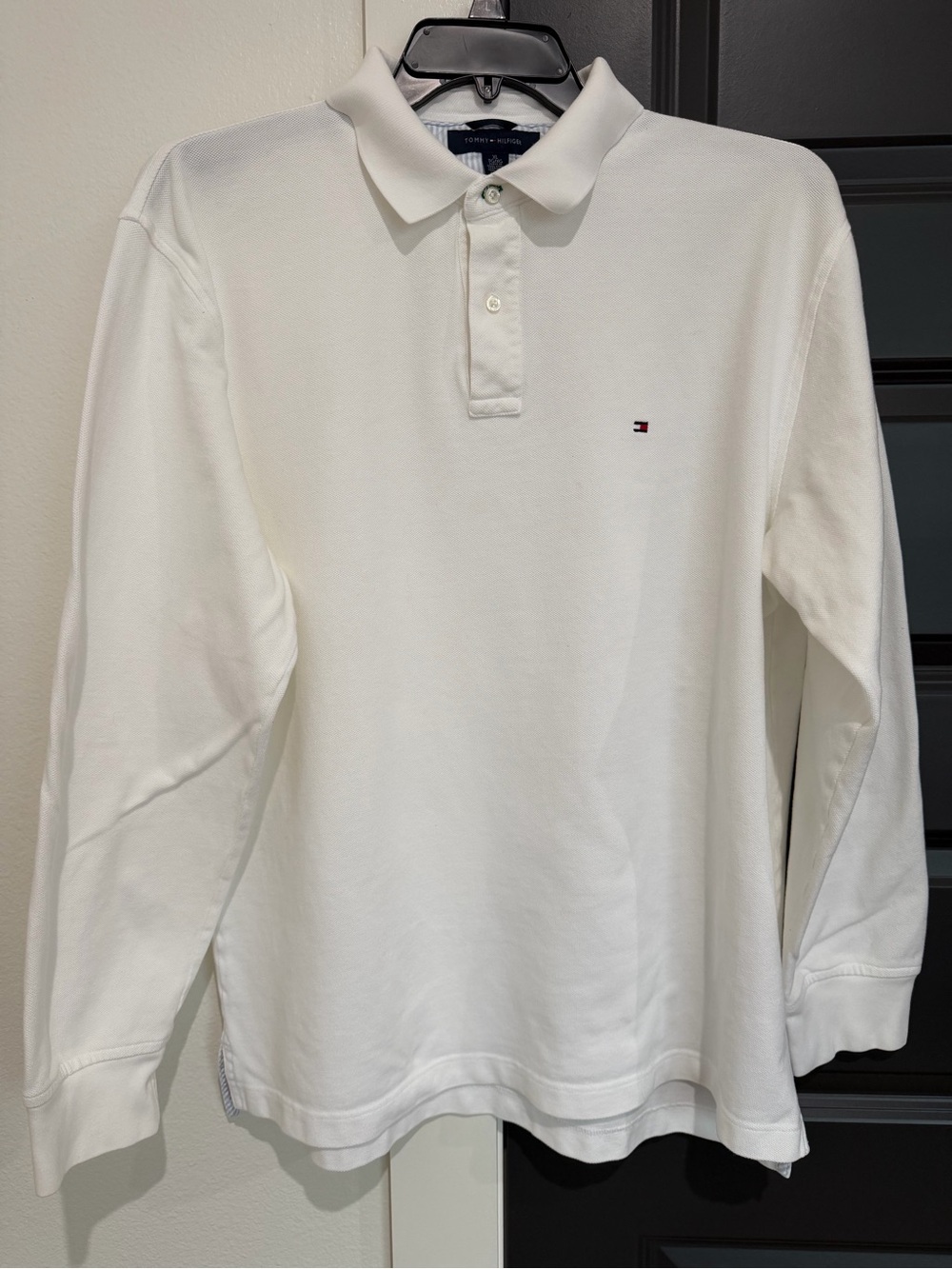 Tommy Hilfiger Men's White Long-Sleeve Polo with Small Flag Logo